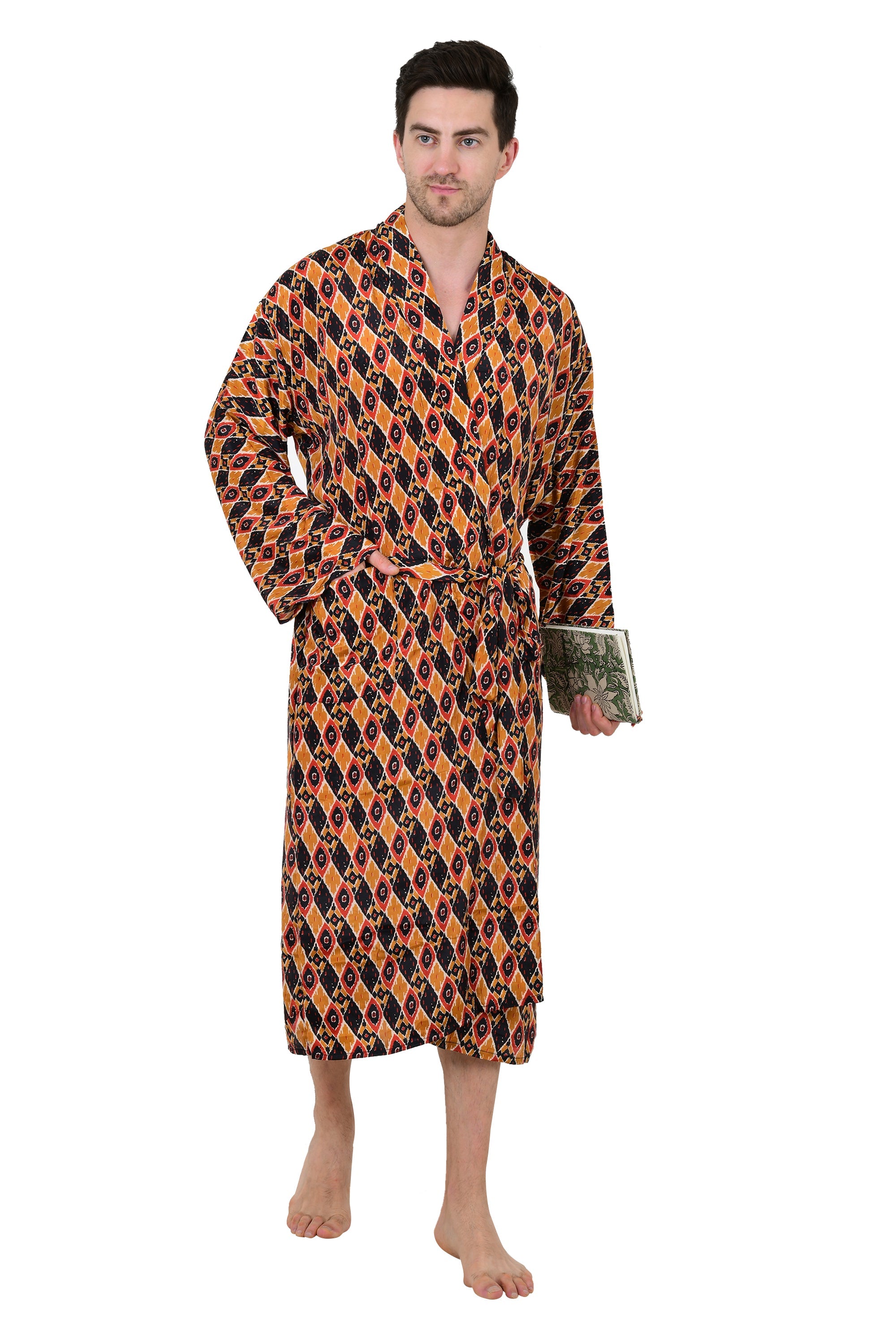 Boho Men's Soft Silk Kimono, Man Regal House Beach Robe, Persian King Ikat Elegant Yellow Black Hues