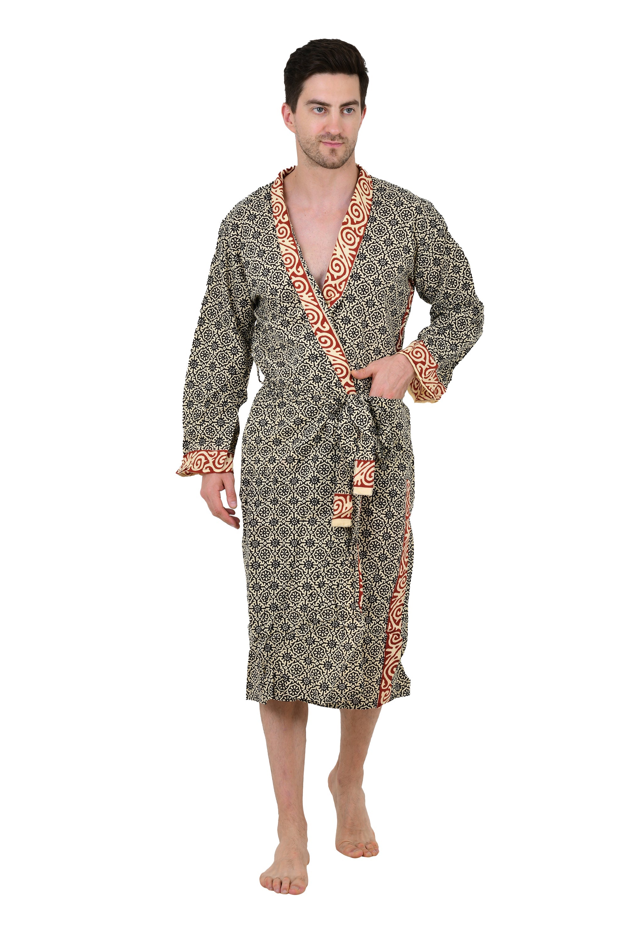 Pure Cotton Handblock Men Kimono | Indian Printed Man House Robe, Boho Beach Coverup Dressing Gown, Lightweight Loungewear, Gift For Him Dad