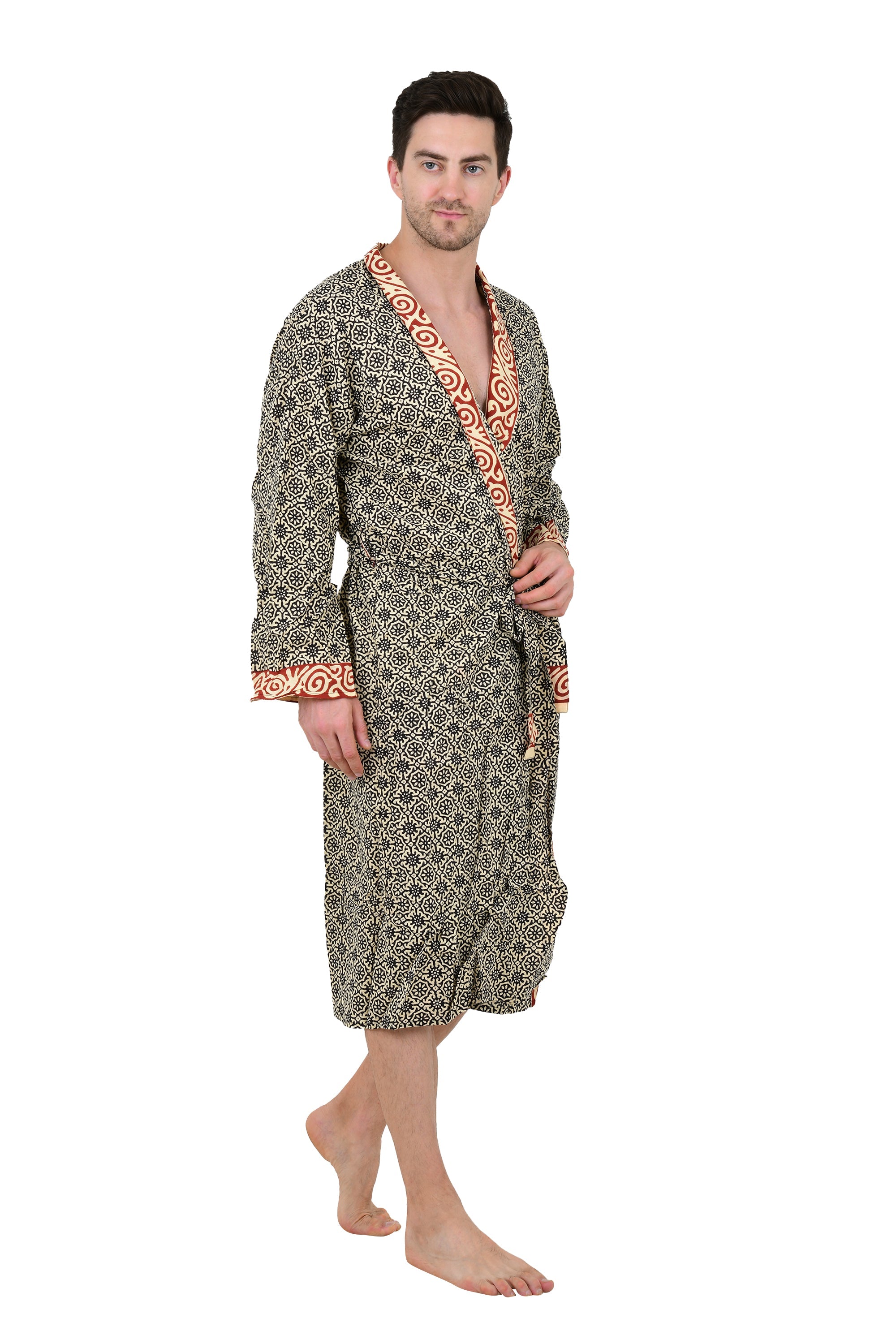 Pure Cotton Handblock Men Kimono | Indian Printed Man House Robe, Boho Beach Coverup Dressing Gown, Lightweight Loungewear, Gift For Him Dad