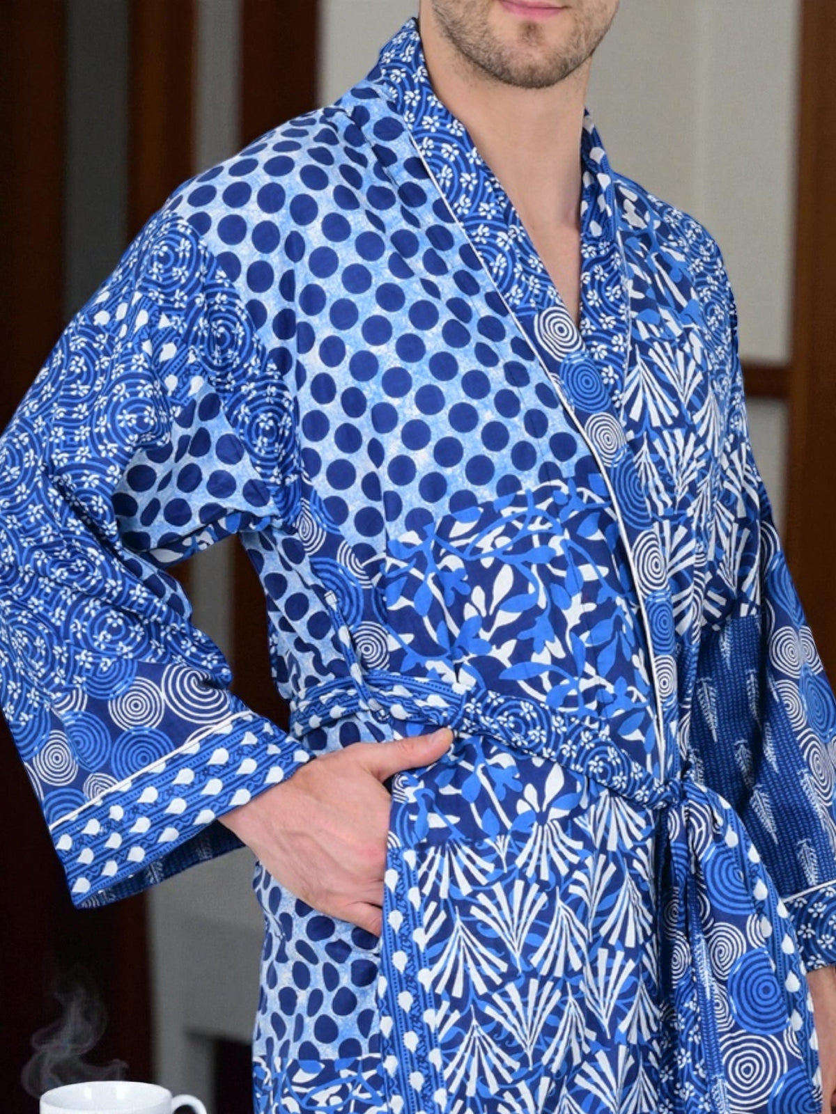Men's Cotton Kimono | Long Lightweight Bathrobe Lounge Robe with Pockets, One Size Comfortable Breathable Spa Resort Beach CoverUp Housecoat
