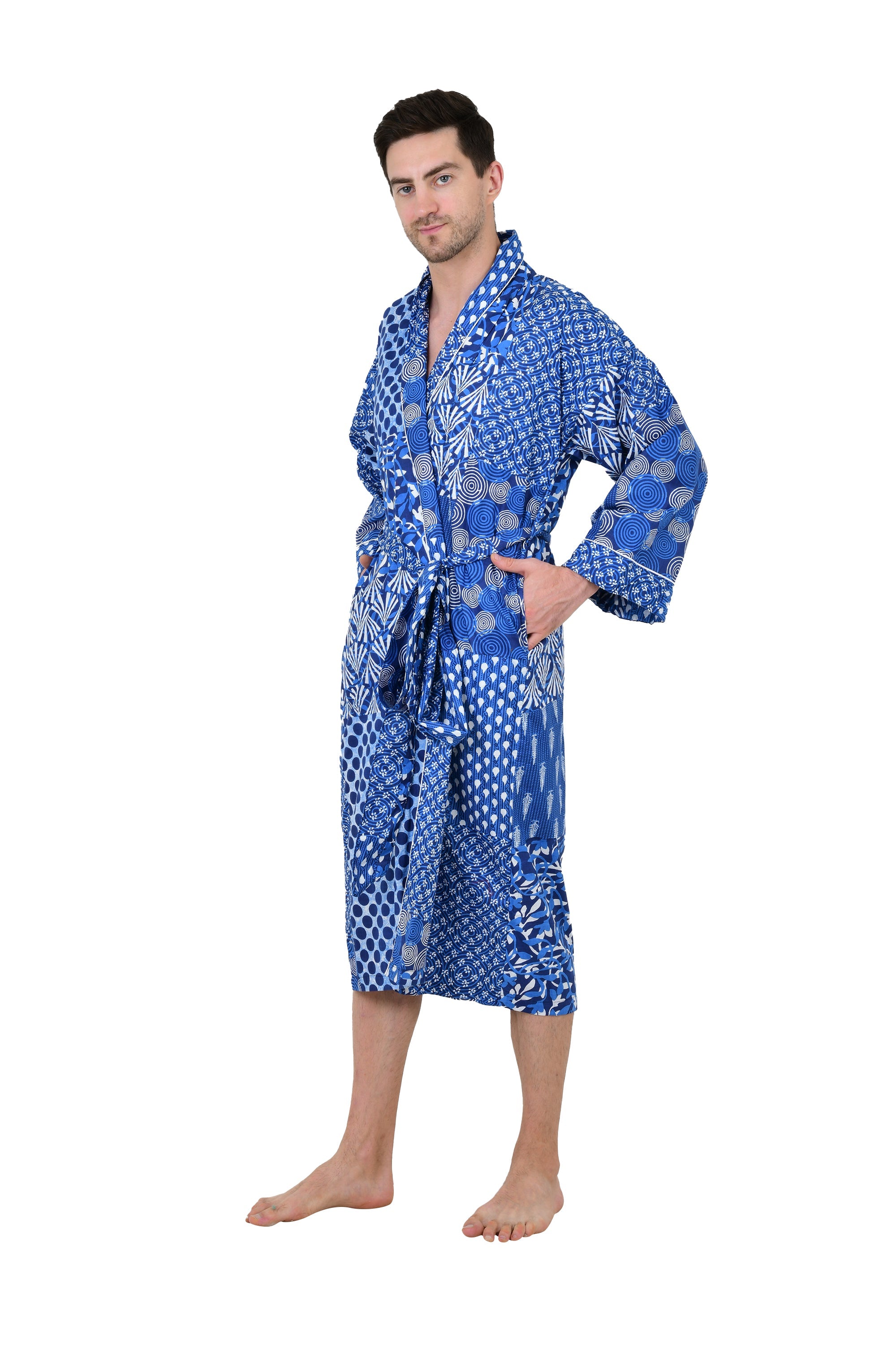 Men's Cotton Kimono | Long Lightweight Bathrobe Lounge Robe with Pockets, One Size Comfortable Breathable Spa Resort Beach CoverUp Housecoat