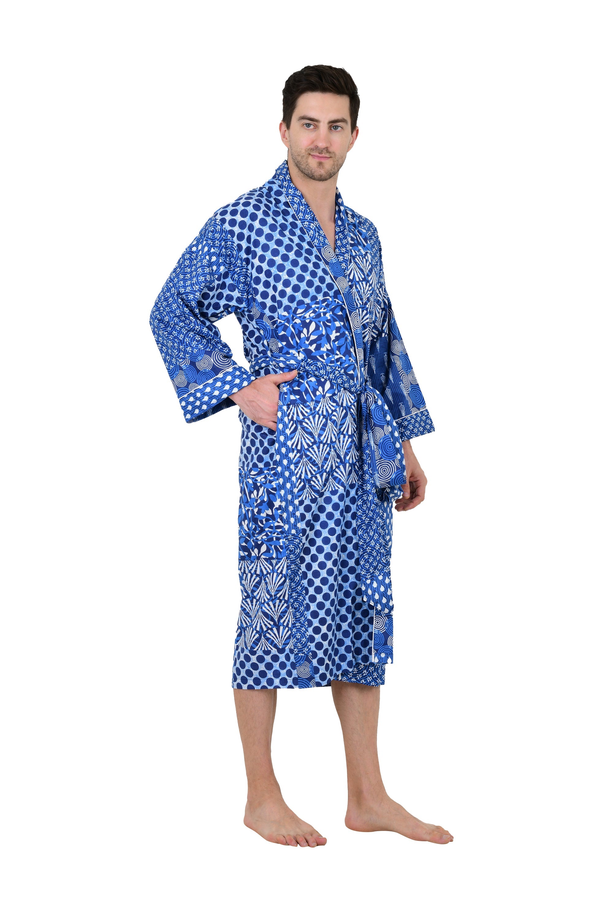 Men's Cotton Kimono | Long Lightweight Bathrobe Lounge Robe with Pockets, One Size Comfortable Breathable Spa Resort Beach CoverUp Housecoat