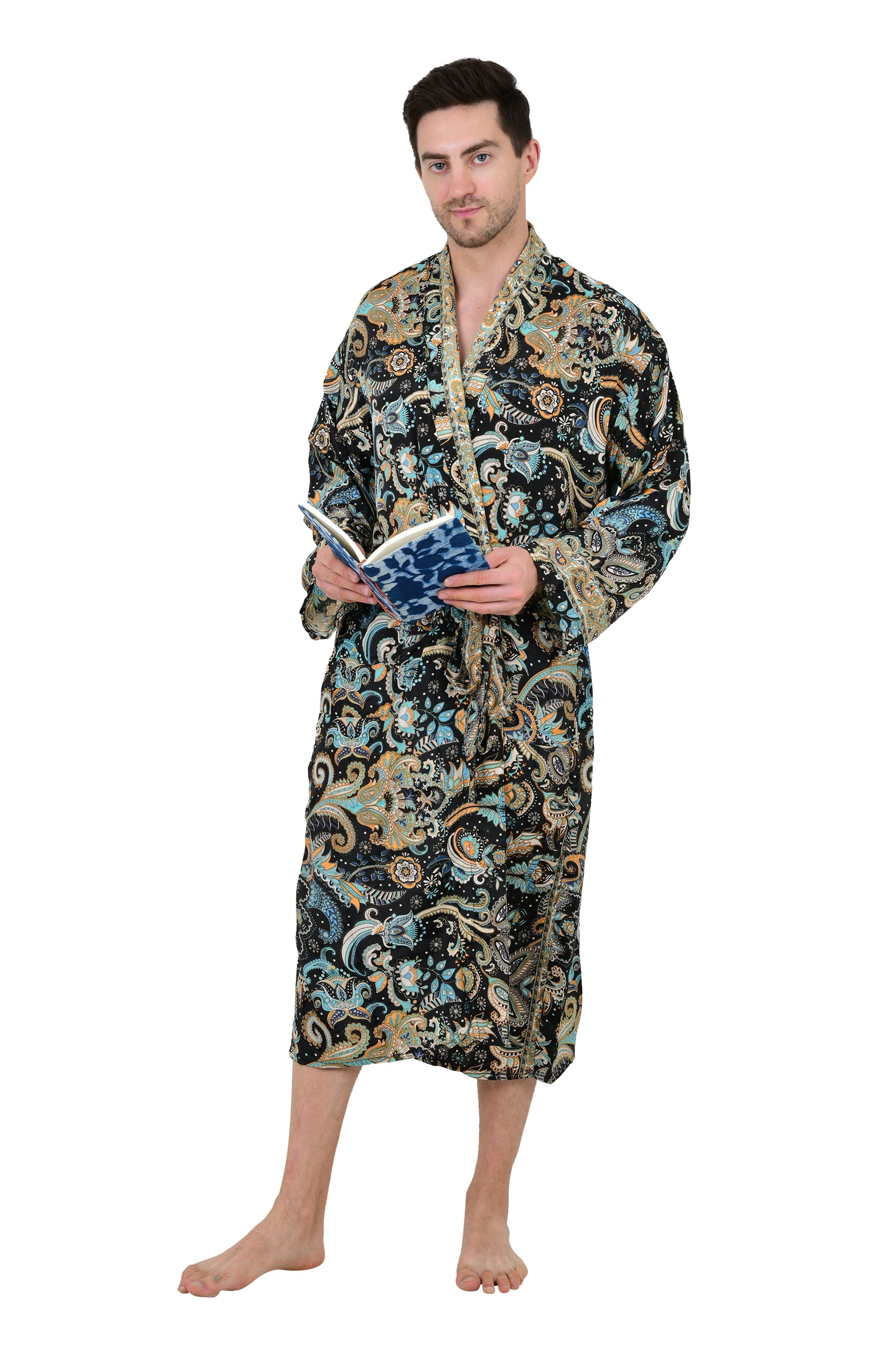 Boho Men's Soft Silk Kimono, Man Regal House Beach Robe, Persian King Floral Elegant Black Blue Hues