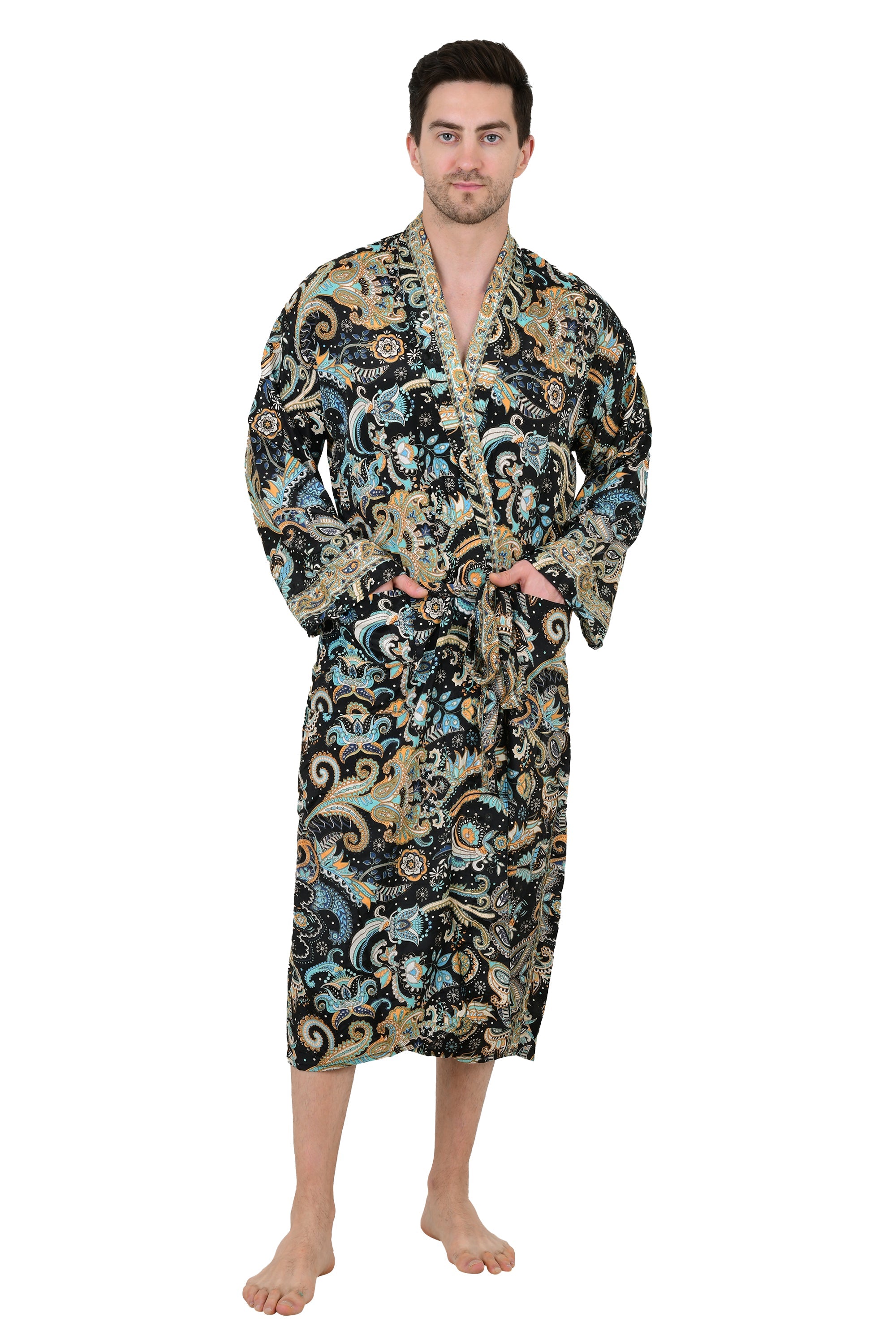Boho Men's Soft Silk Kimono, Man Regal House Beach Robe, Persian King Floral Elegant Black Blue Hues