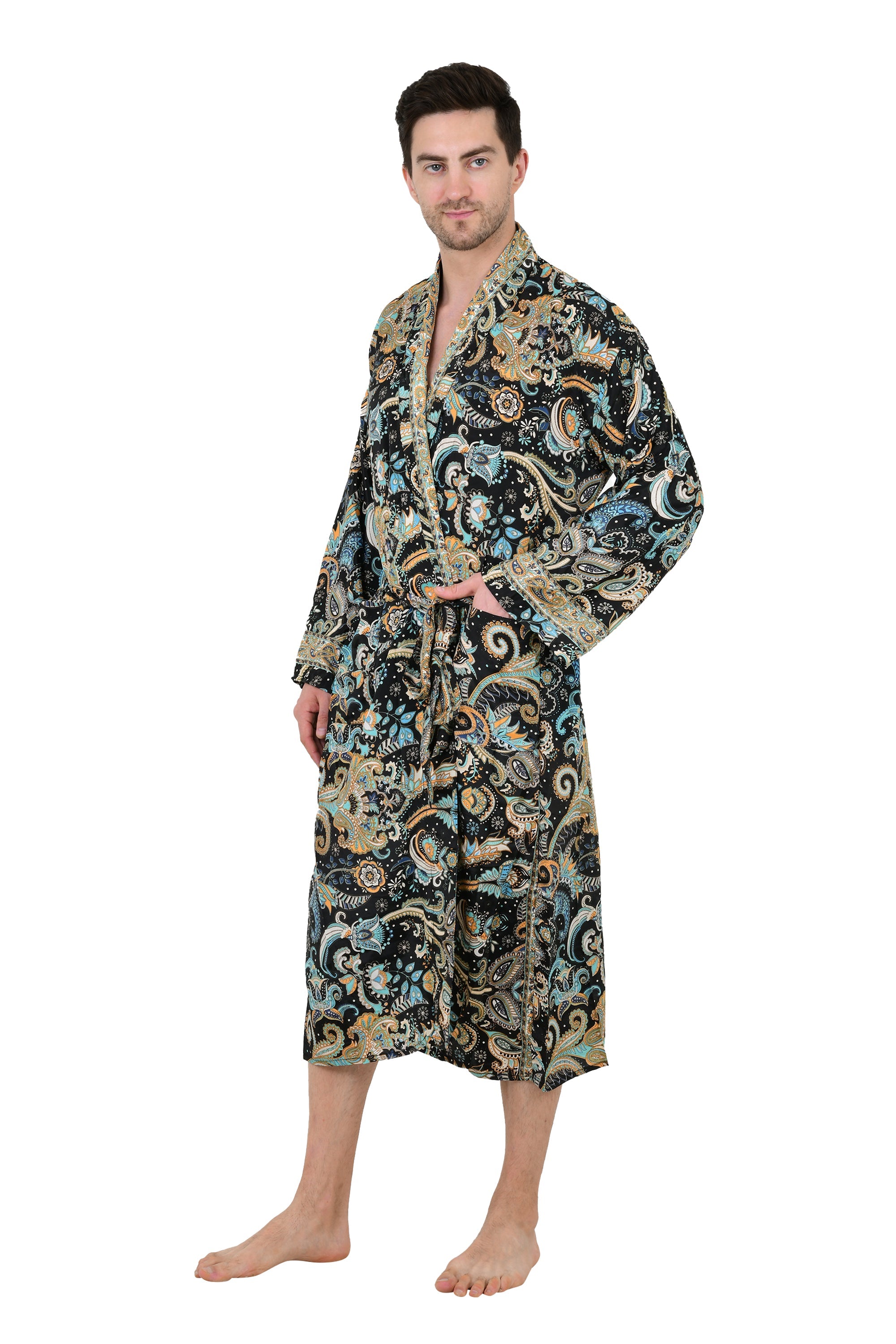 Boho Men's Soft Silk Kimono, Man Regal House Beach Robe, Persian King Floral Elegant Black Blue Hues