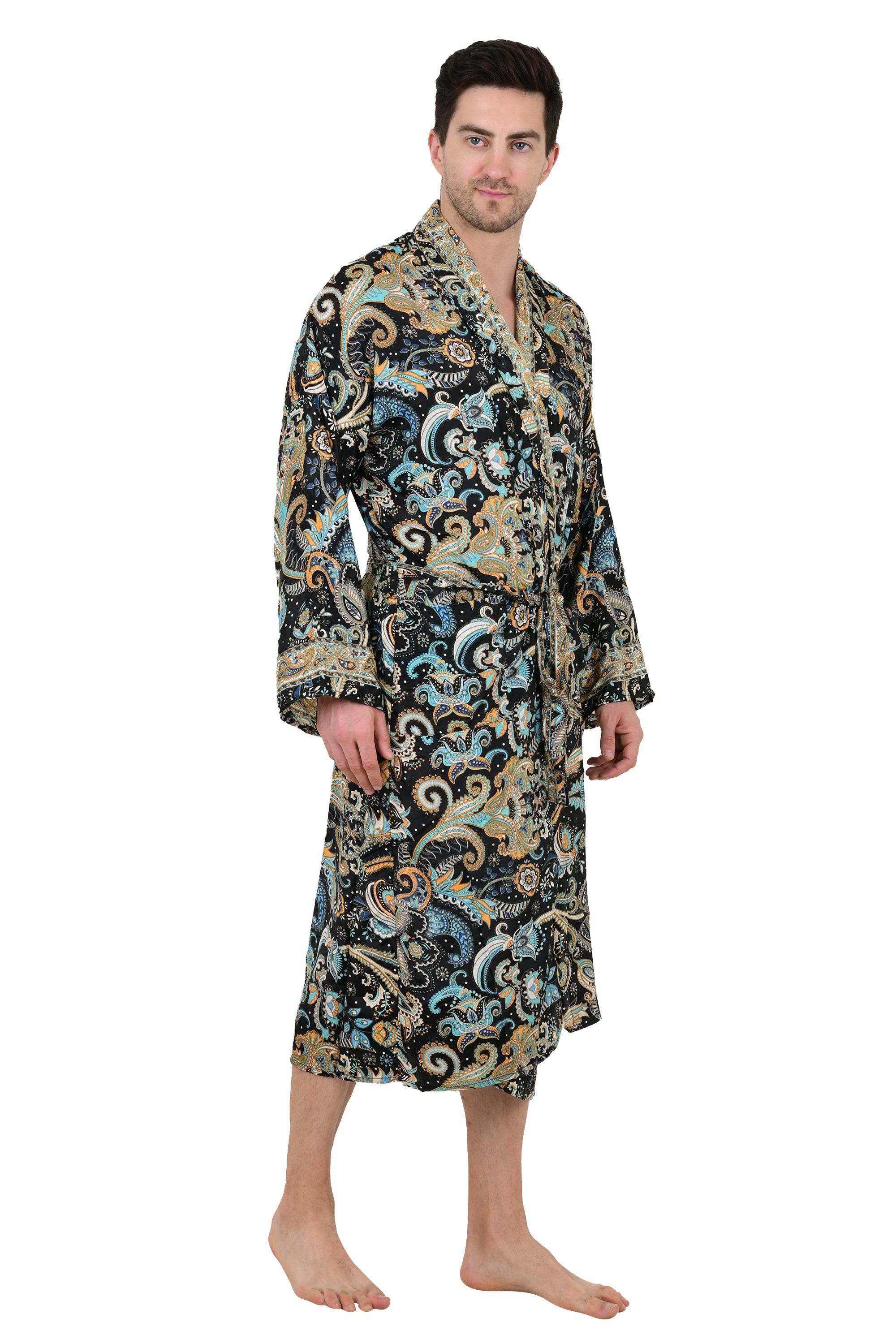 Boho Men's Soft Silk Kimono, Man Regal House Beach Robe, Persian King Floral Elegant Black Blue Hues