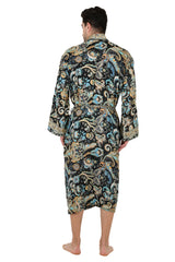 Boho Men's Soft Silk Kimono, Man Regal House Beach Robe, Persian King Floral Elegant Black Blue Hues