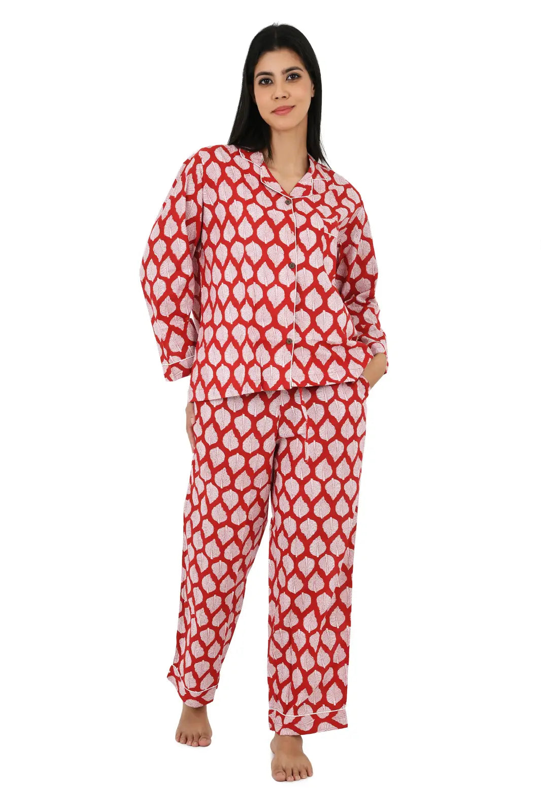 Cotton Women Pajama Set Comfortable Nightwear Summer PJ Set Red White Leaf Print