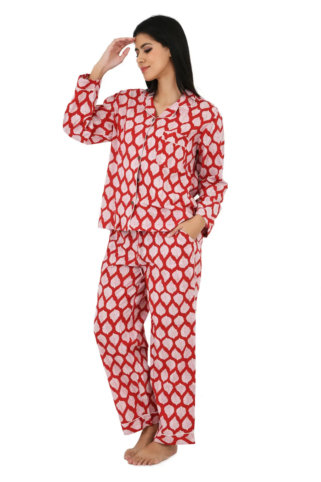 Cotton Women Pajama Set Comfortable Nightwear Summer PJ Set Red White Leaf Print