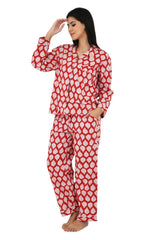 Cotton Women Pajama Set Comfortable Nightwear Summer PJ Set Red White Leaf Print