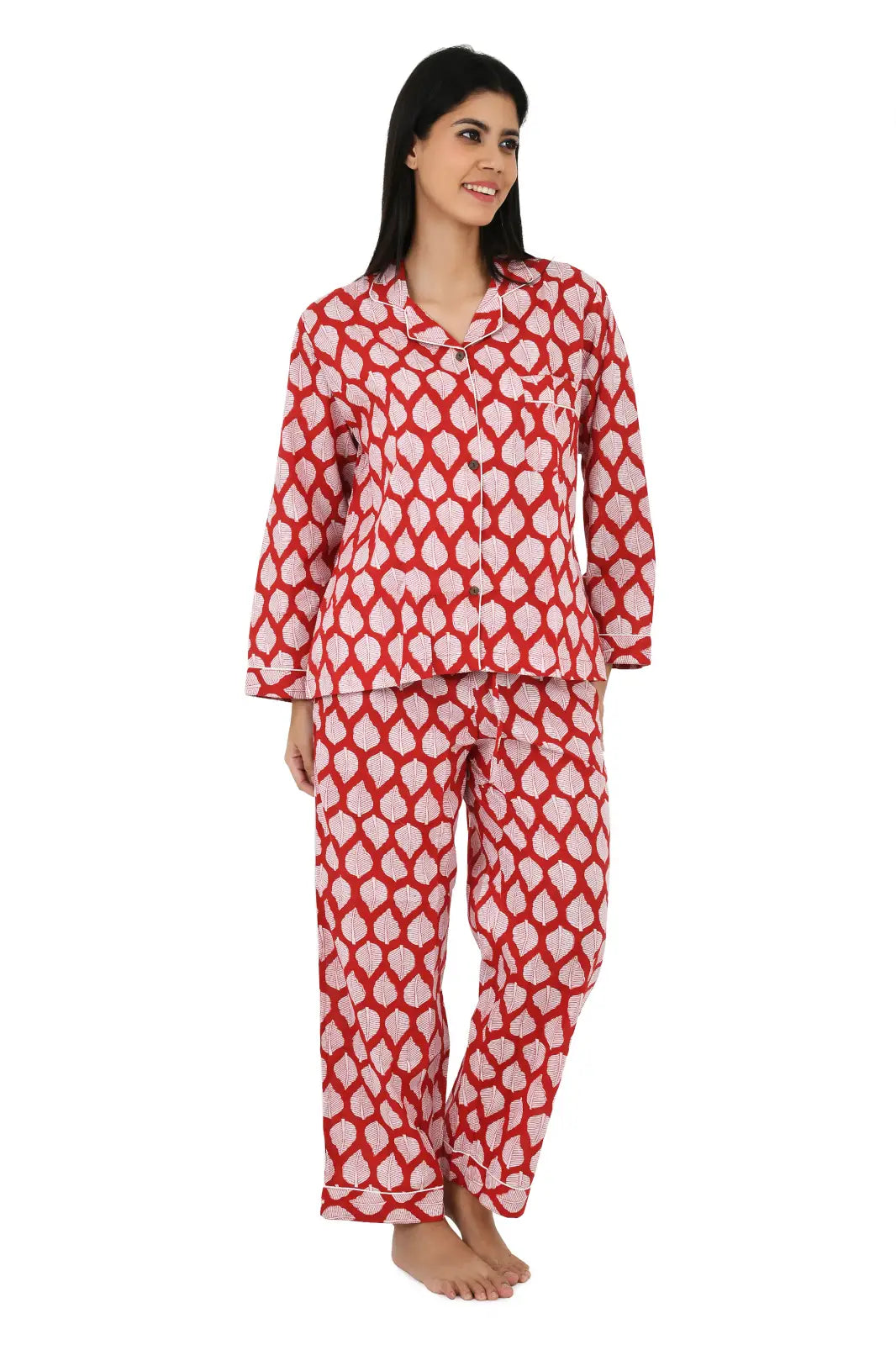 Cotton Women Pajama Set Comfortable Nightwear Summer PJ Set Red White Leaf Print