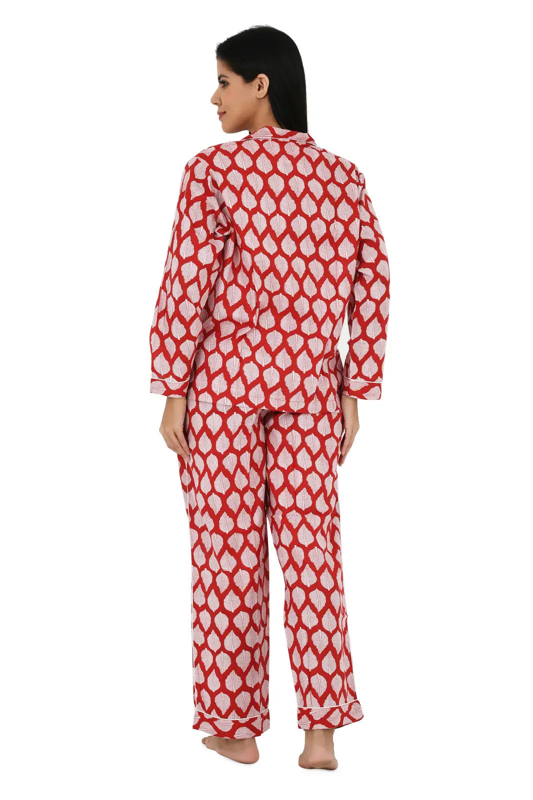 Cotton Women Pajama Set Comfortable Nightwear Summer PJ Set Red White Leaf Print
