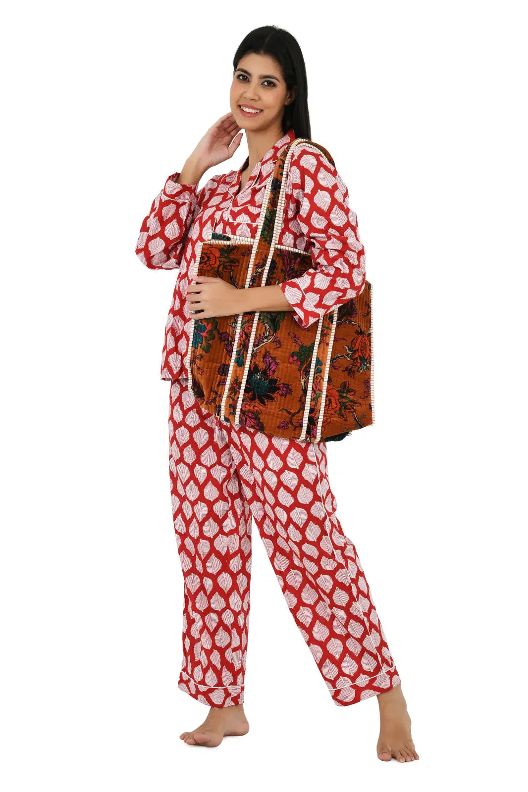 Cotton Women Pajama Set Comfortable Nightwear Summer PJ Set Red White Leaf Print