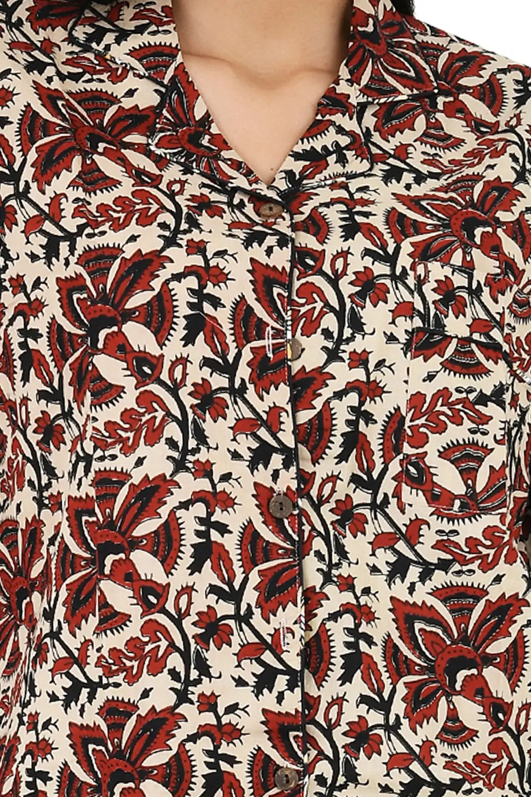 Cotton Women Pajama Set Comfortable Nightwear Summer PJ Set Beige Red Floral