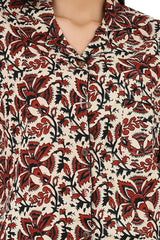 Cotton Women Pajama Set Comfortable Nightwear Summer PJ Set Beige Red Floral