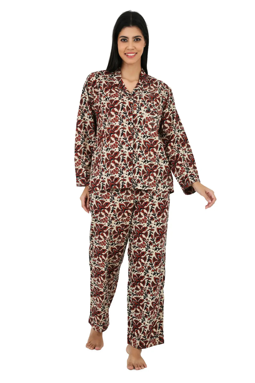 Cotton Women Pajama Set Comfortable Nightwear Summer PJ Set Beige Red Floral