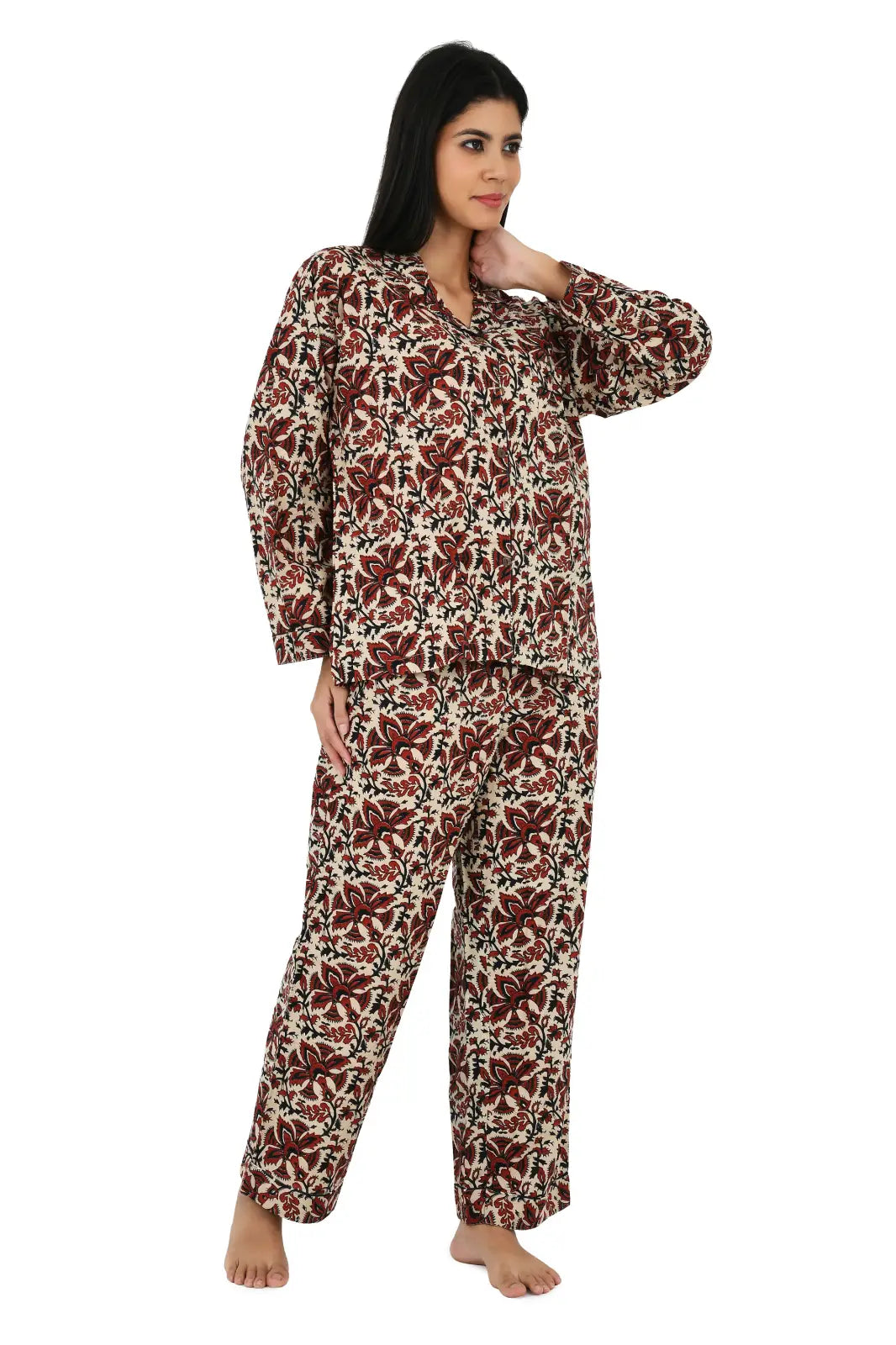 Cotton Women Pajama Set Comfortable Nightwear Summer PJ Set Beige Red Floral