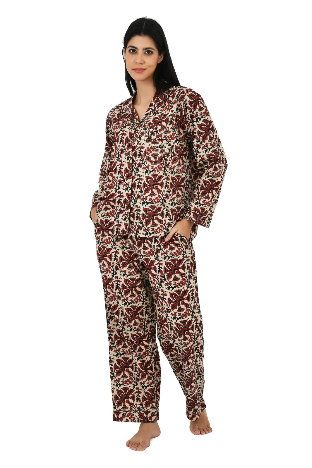 Cotton Women Pajama Set Comfortable Nightwear Summer PJ Set Beige Red Floral