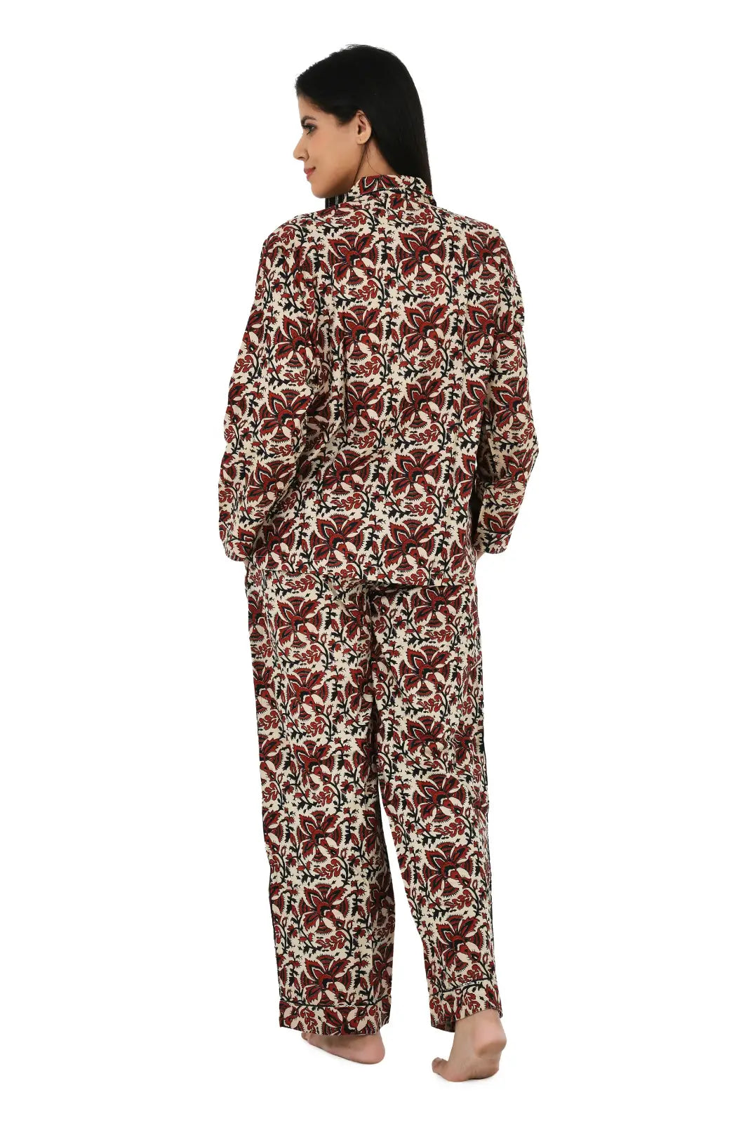 Cotton Women Pajama Set Comfortable Nightwear Summer PJ Set Beige Red Floral