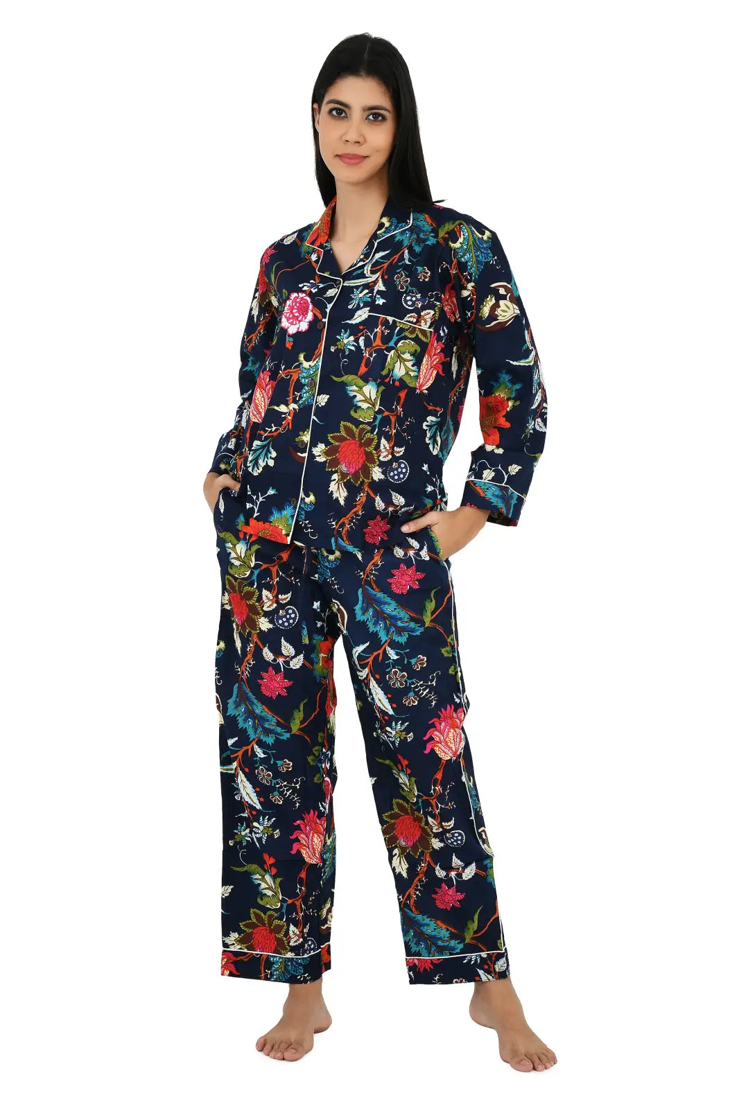 Cotton Women Pajama Set Comfortable Nightwear Summer PJ Set Mid Night Garden Print