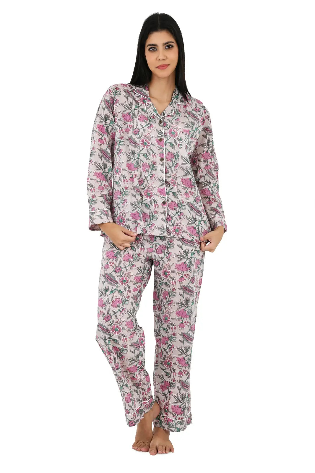 Cotton Women Pajama Set Comfortable Nightwear Summer PJ Set Nude Pink Floral Print