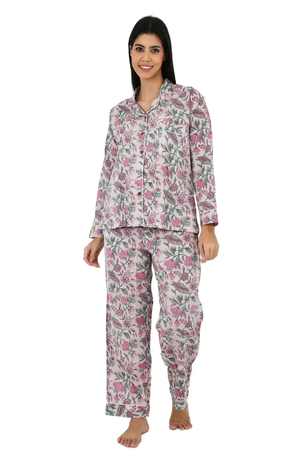 Cotton Women Pajama Set Comfortable Nightwear Summer PJ Set Nude Pink Floral Print