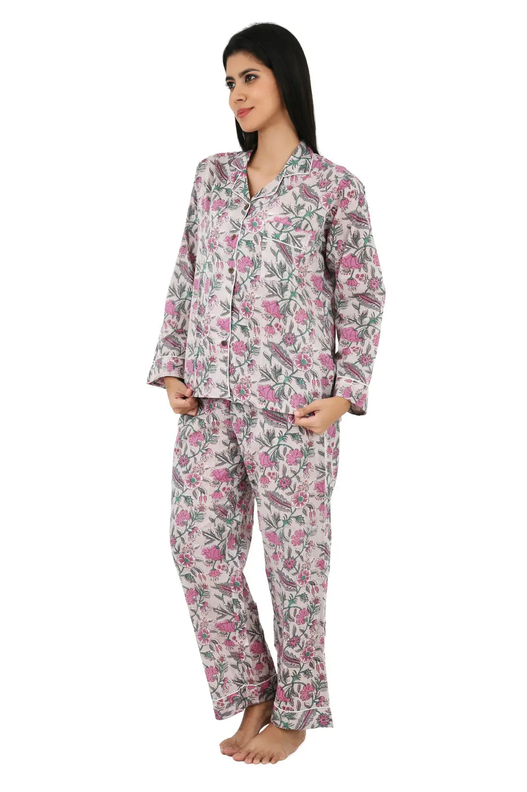 Cotton Women Pajama Set Comfortable Nightwear Summer PJ Set Nude Pink Floral Print