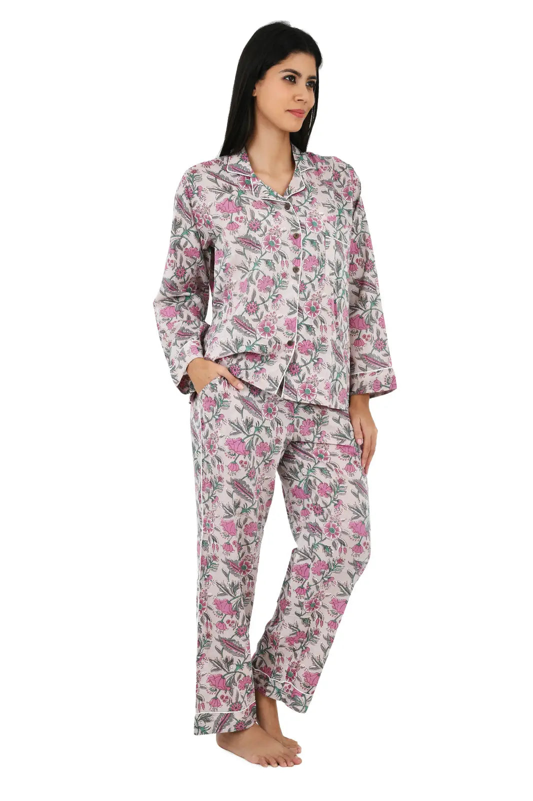Cotton Women Pajama Set Comfortable Nightwear Summer PJ Set Nude Pink Floral Print
