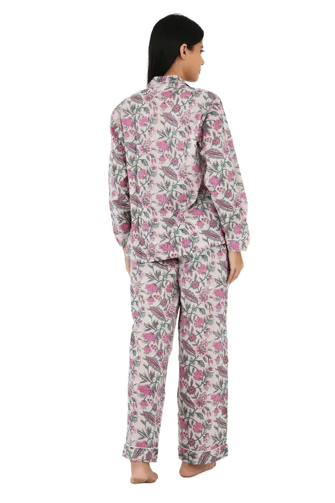 Cotton Women Pajama Set Comfortable Nightwear Summer PJ Set Nude Pink Floral Print