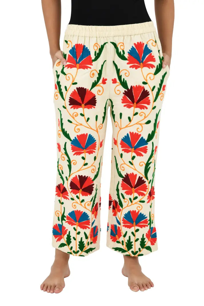 Boho Hippi Handmade Suzani Embroidered Pockets Trouser Comfy Fit Casual Wear Elastic Waist | Floral