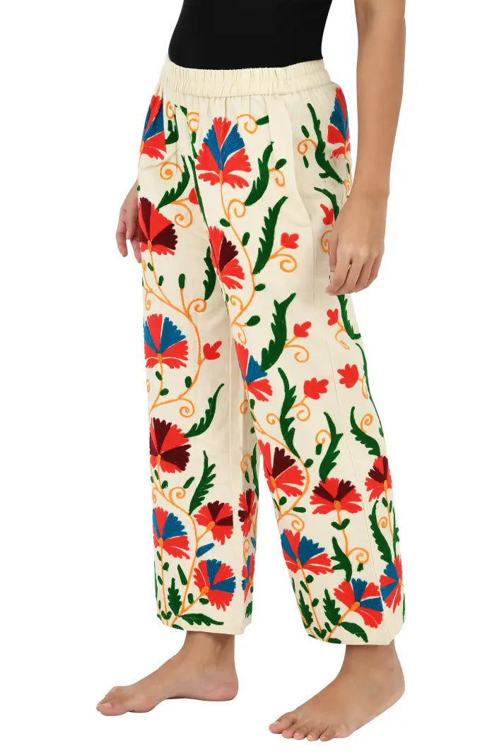 Boho Hippi Handmade Suzani Embroidered Pockets Trouser Comfy Fit Casual Wear Elastic Waist | Floral