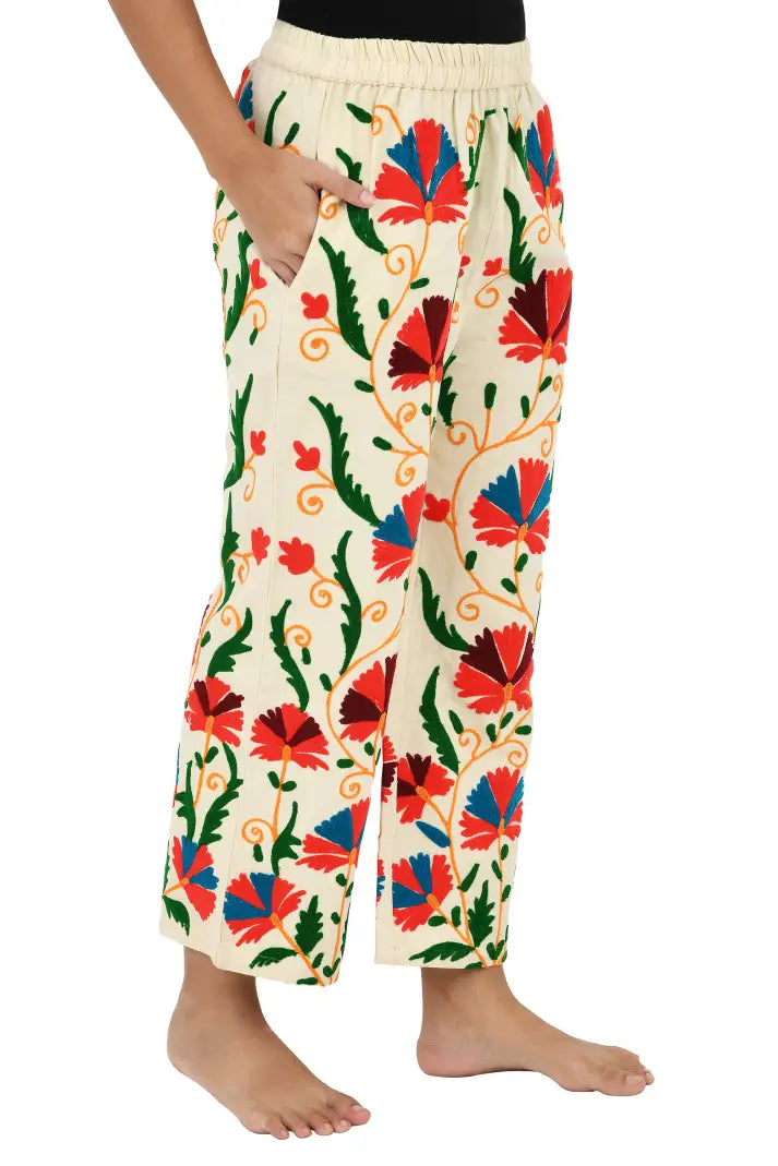 Boho Hippi Handmade Suzani Embroidered Pockets Trouser Comfy Fit Casual Wear Elastic Waist | Floral