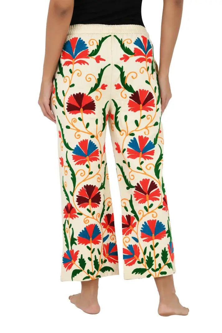 Boho Hippi Handmade Suzani Embroidered Pockets Trouser Comfy Fit Casual Wear Elastic Waist | Floral