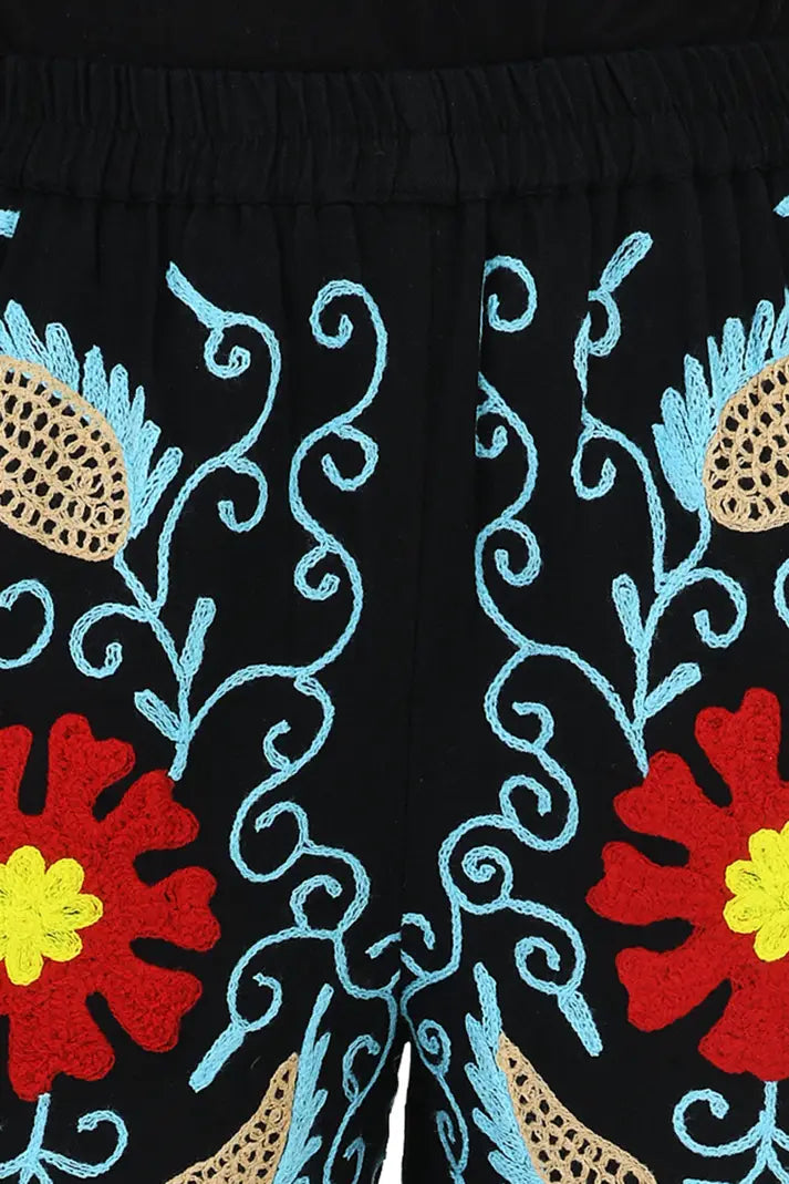 Boho Harem Pants Gift for Her – Handmade Embroidered Suzani Festival Pants, Boho Hippie Lounge Pajamas with Pockets, Unique Floral Yoga Pant