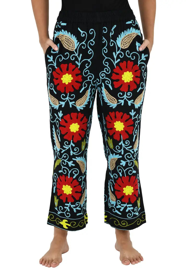 Boho Harem Pants Gift for Her – Handmade Embroidered Suzani Festival Pants, Boho Hippie Lounge Pajamas with Pockets, Unique Floral Yoga Pant
