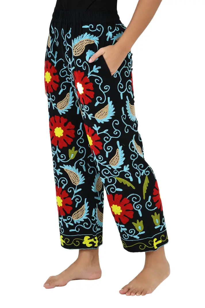Boho Harem Pants Gift for Her – Handmade Embroidered Suzani Festival Pants, Boho Hippie Lounge Pajamas with Pockets, Unique Floral Yoga Pant