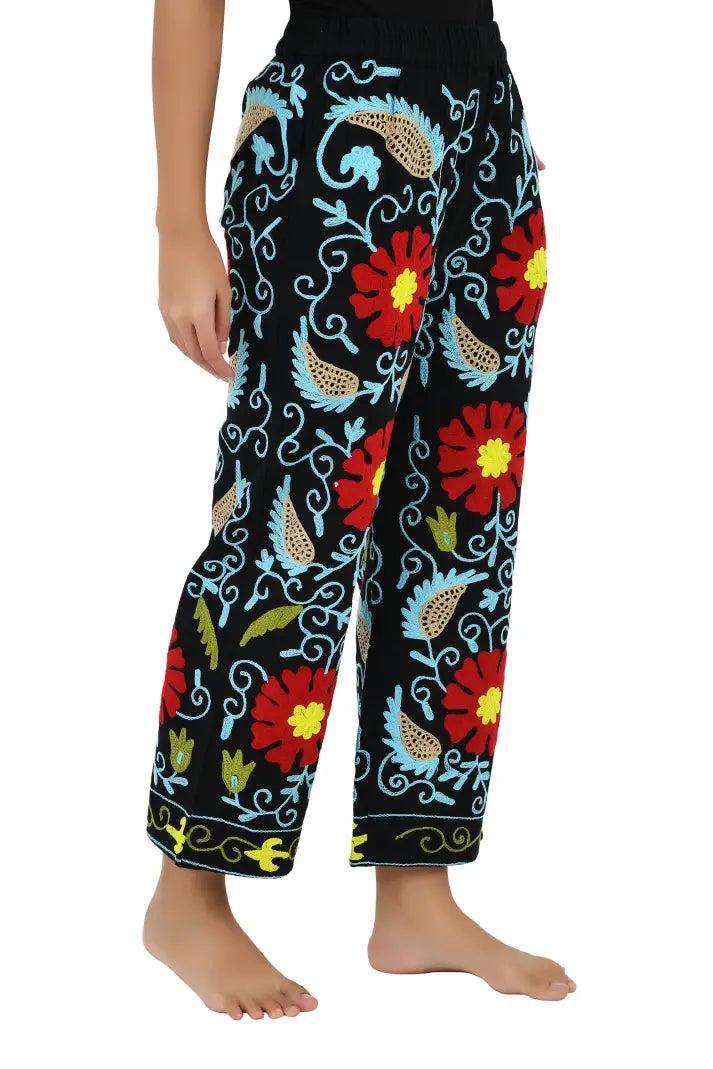 Boho Harem Pants Gift for Her – Handmade Embroidered Suzani Festival Pants, Boho Hippie Lounge Pajamas with Pockets, Unique Floral Yoga Pant