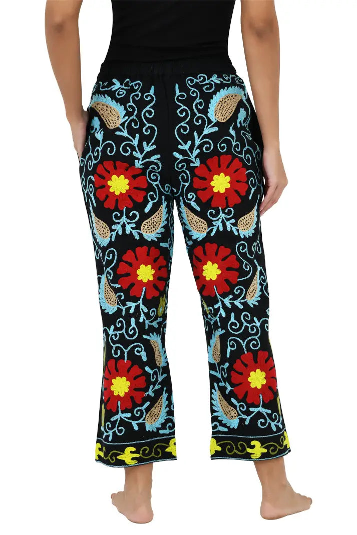 Boho Harem Pants Gift for Her – Handmade Embroidered Suzani Festival Pants, Boho Hippie Lounge Pajamas with Pockets, Unique Floral Yoga Pant