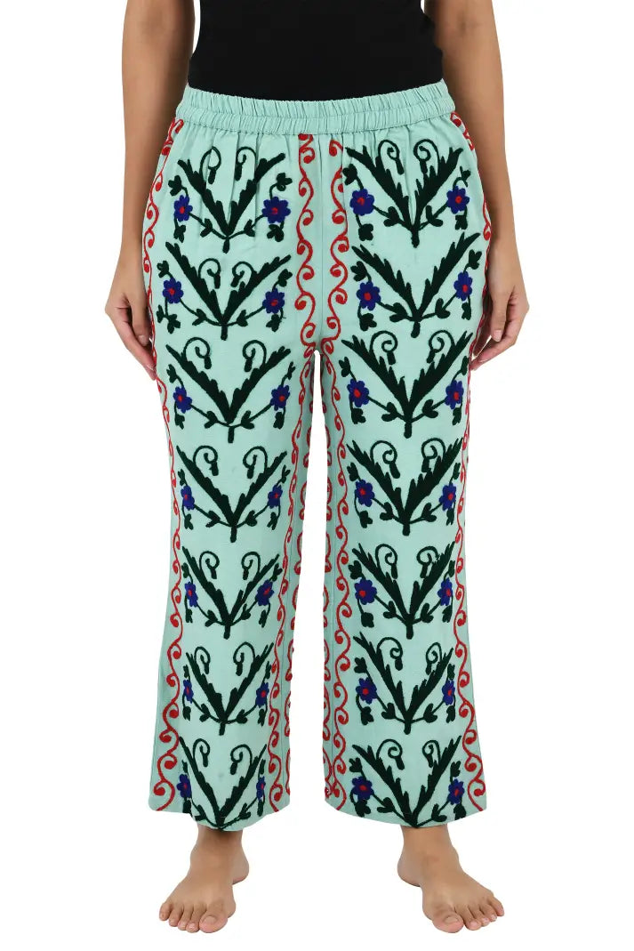 Boho Harem Pants Gift for Her – Handmade Embroidered Suzani Festival Pants, Boho Hippie Lounge Pajamas with Pockets, Unique Floral Yoga Pant