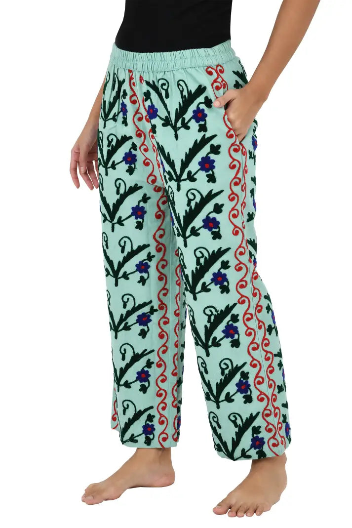 Boho Harem Pants Gift for Her – Handmade Embroidered Suzani Festival Pants, Boho Hippie Lounge Pajamas with Pockets, Unique Floral Yoga Pant