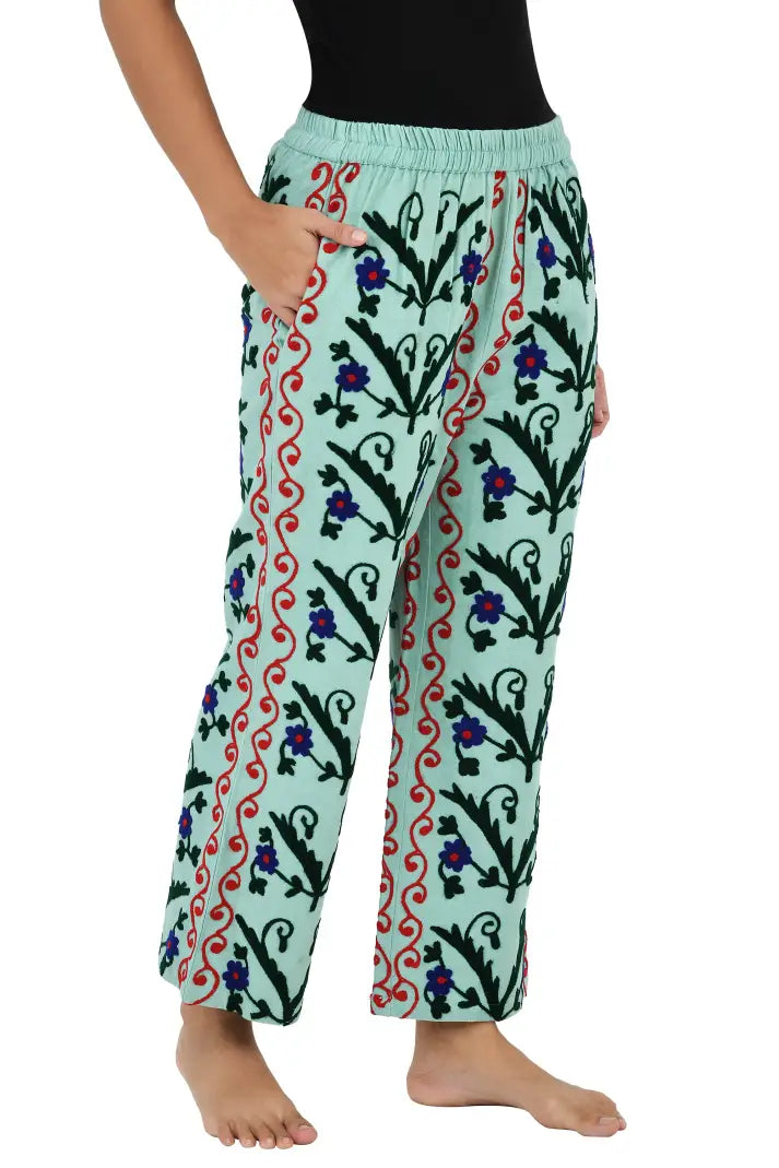 Boho Harem Pants Gift for Her – Handmade Embroidered Suzani Festival Pants, Boho Hippie Lounge Pajamas with Pockets, Unique Floral Yoga Pant