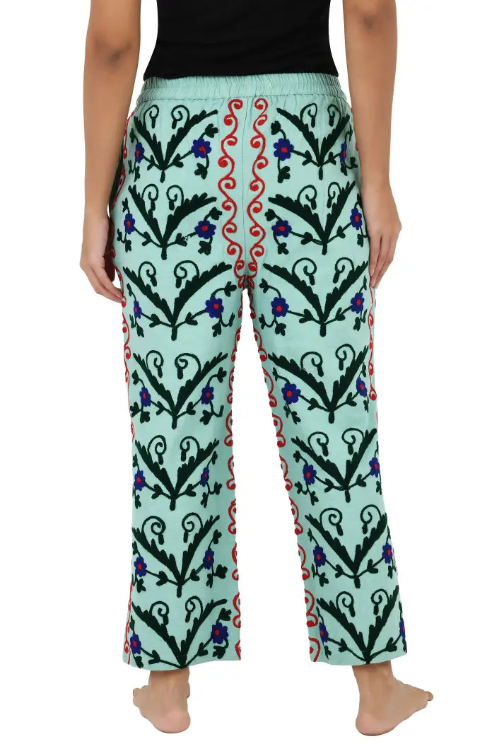 Boho Harem Pants Gift for Her – Handmade Embroidered Suzani Festival Pants, Boho Hippie Lounge Pajamas with Pockets, Unique Floral Yoga Pant