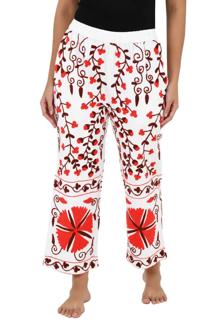 Boho Harem Pants Gift for Her – Handmade Embroidered Suzani Festival Pants, Boho Hippie Lounge Pajamas with Pockets, Unique Floral Yoga Pant