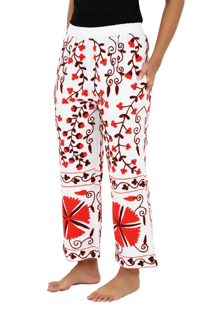 Boho Harem Pants Gift for Her – Handmade Embroidered Suzani Festival Pants, Boho Hippie Lounge Pajamas with Pockets, Unique Floral Yoga Pant