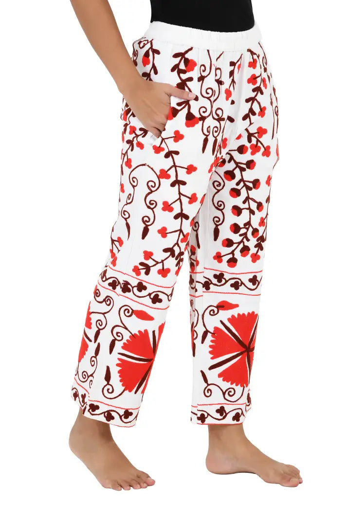 Boho Harem Pants Gift for Her – Handmade Embroidered Suzani Festival Pants, Boho Hippie Lounge Pajamas with Pockets, Unique Floral Yoga Pant