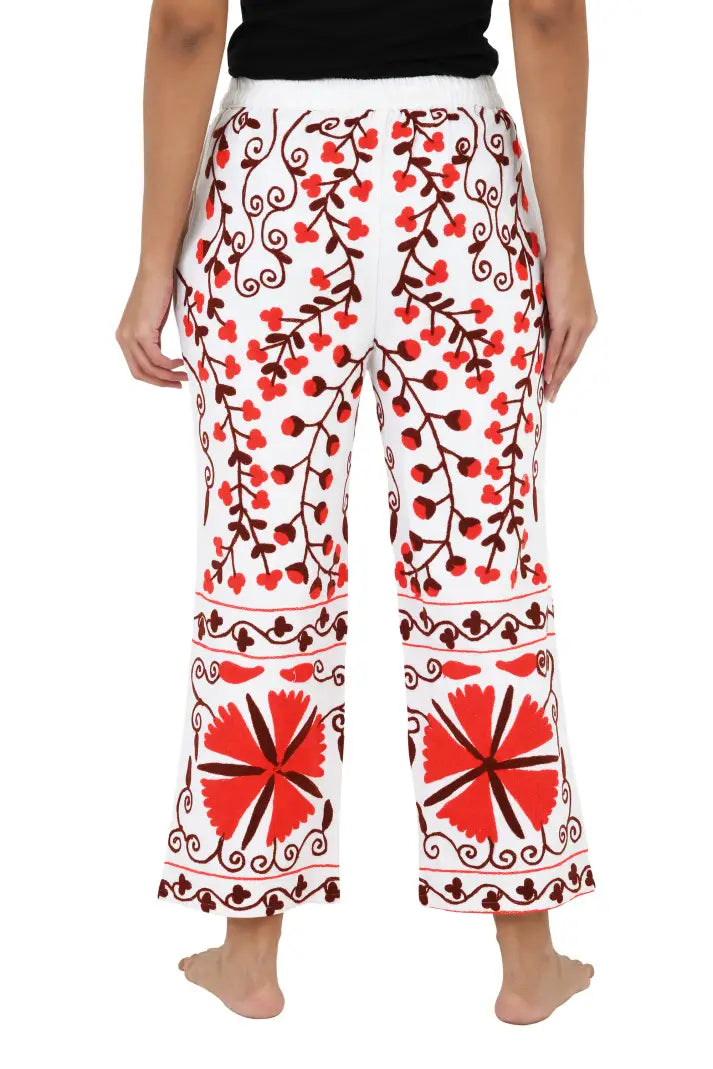 Boho Harem Pants Gift for Her – Handmade Embroidered Suzani Festival Pants, Boho Hippie Lounge Pajamas with Pockets, Unique Floral Yoga Pant