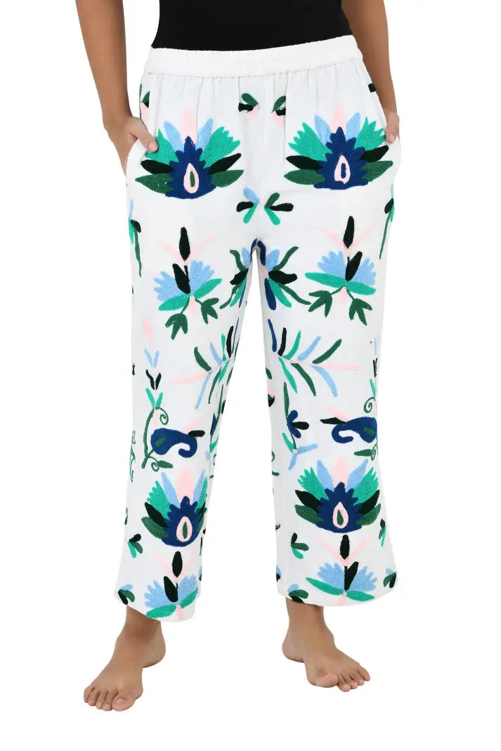 Boho Harem Pants Gift for Her – Handmade Embroidered Suzani Festival Pants, Boho Hippie Lounge Pajamas with Pockets, Unique Floral Yoga Pant