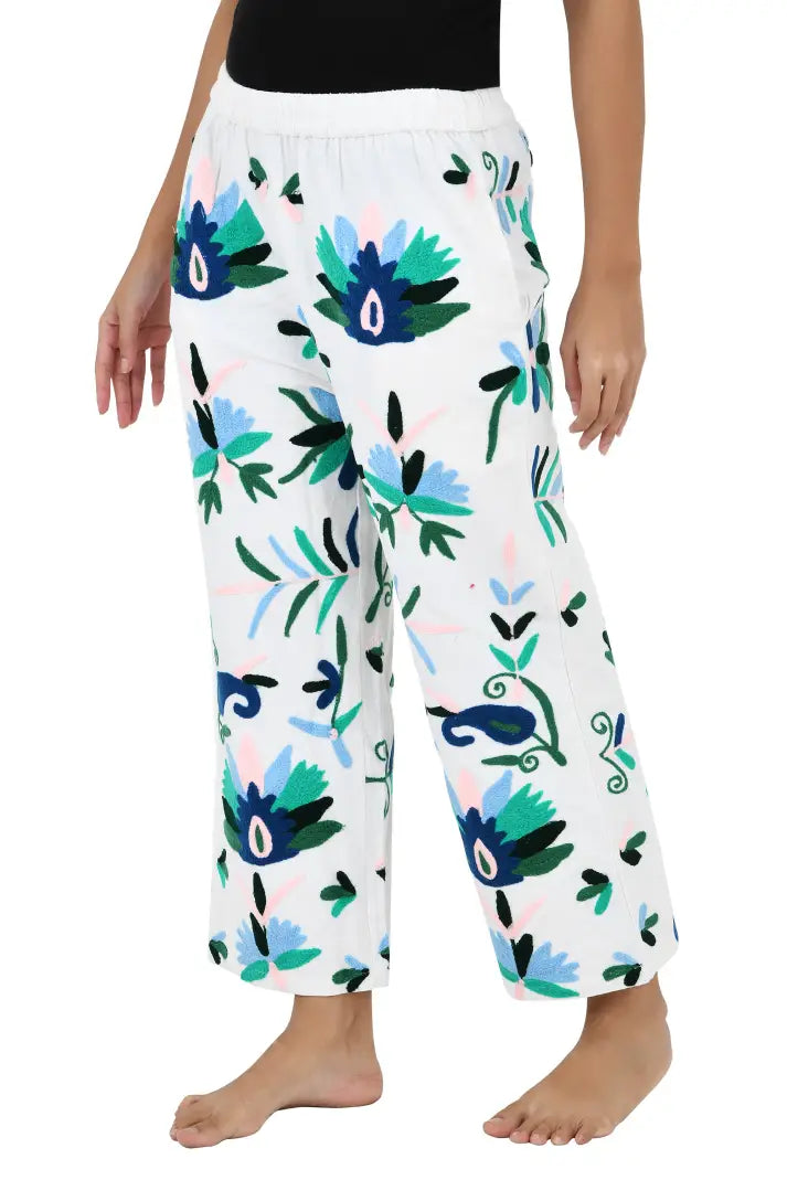 Boho Harem Pants Gift for Her – Handmade Embroidered Suzani Festival Pants, Boho Hippie Lounge Pajamas with Pockets, Unique Floral Yoga Pant