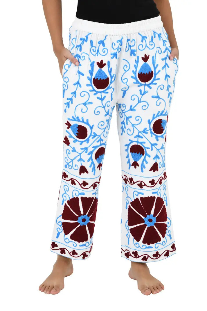 Boho Harem Pants Gift for Her – Handmade Embroidered Suzani Festival Pants, Boho Hippie Lounge Pajamas with Pockets, Unique Floral Yoga Pant