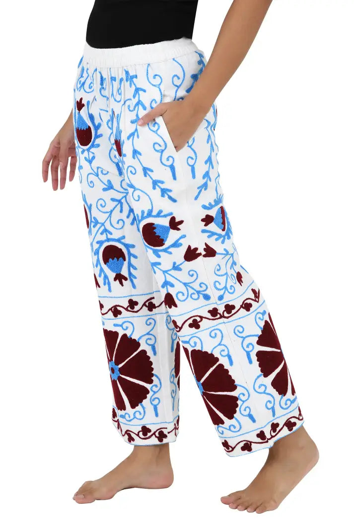 Boho Harem Pants Gift for Her – Handmade Embroidered Suzani Festival Pants, Boho Hippie Lounge Pajamas with Pockets, Unique Floral Yoga Pant